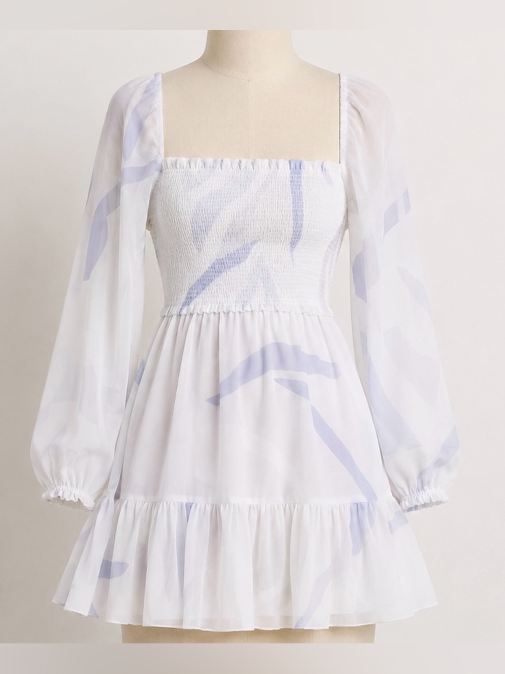 Wilfred Tempest White & Multi Smocked Sheer Square Neck Dress Sz. S